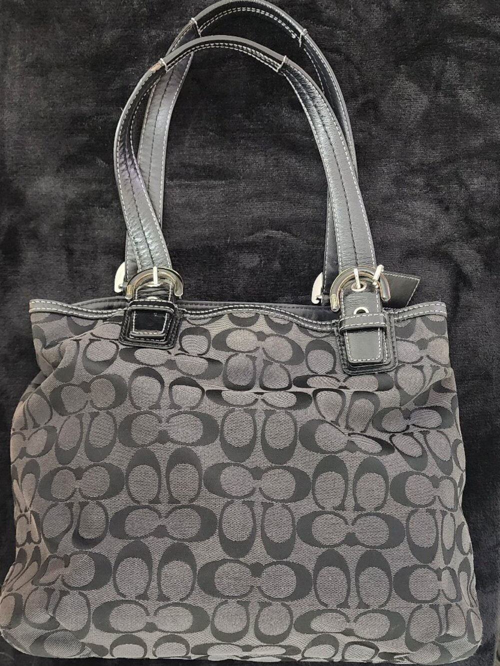 Coach Gray Signature C Tote Bag Canvas Leather Trim Shoulder Bag